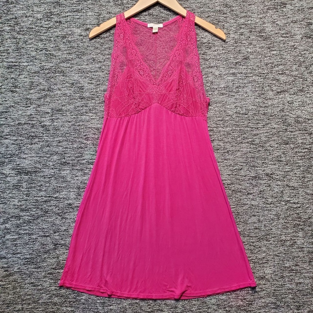 Fleurt Belle Epoque Fuchsia Pink Lace Modal Chemise Nightgown Slip Dress Women L